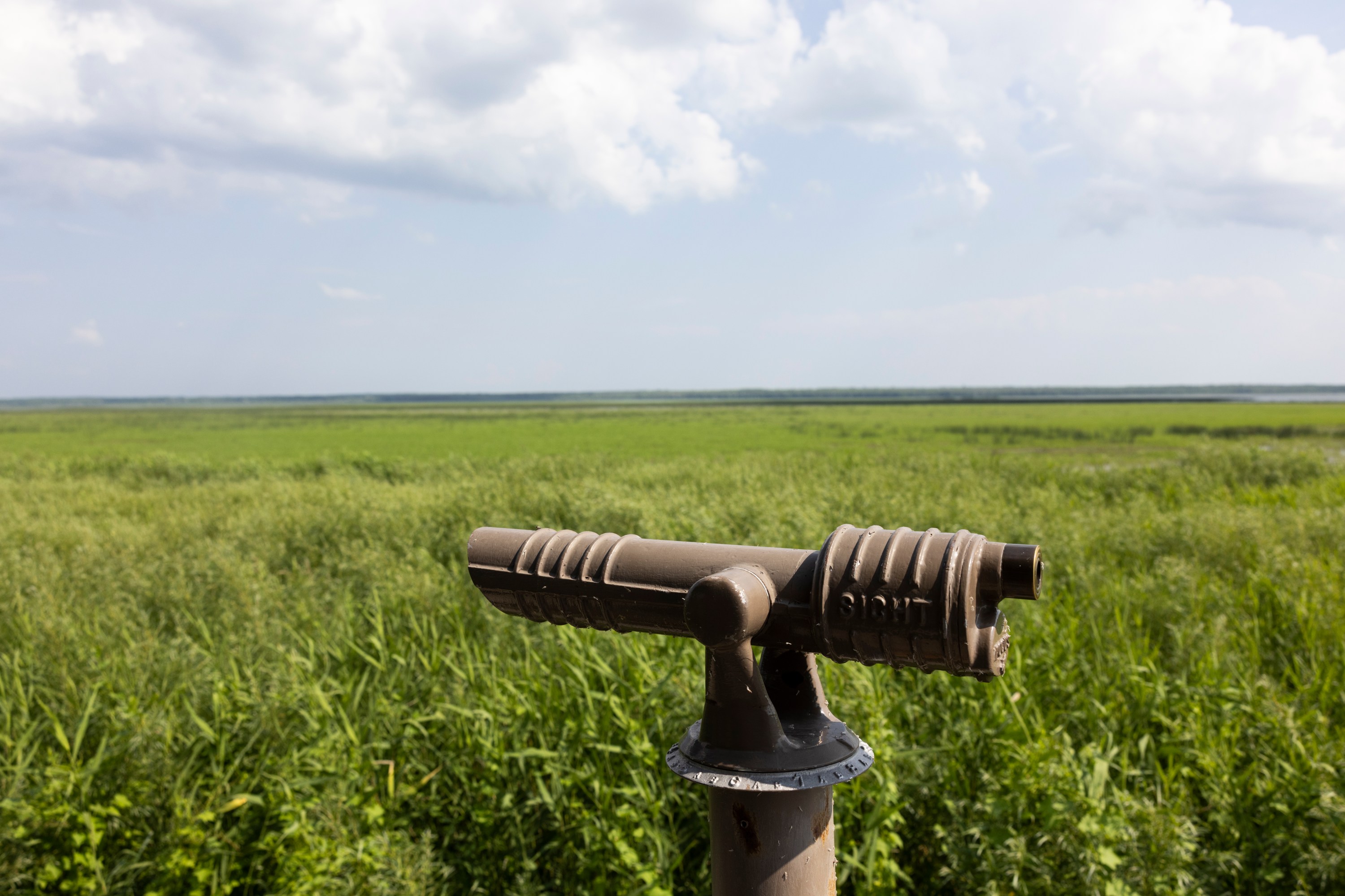 A tower viewer in the foreground of a vast field.